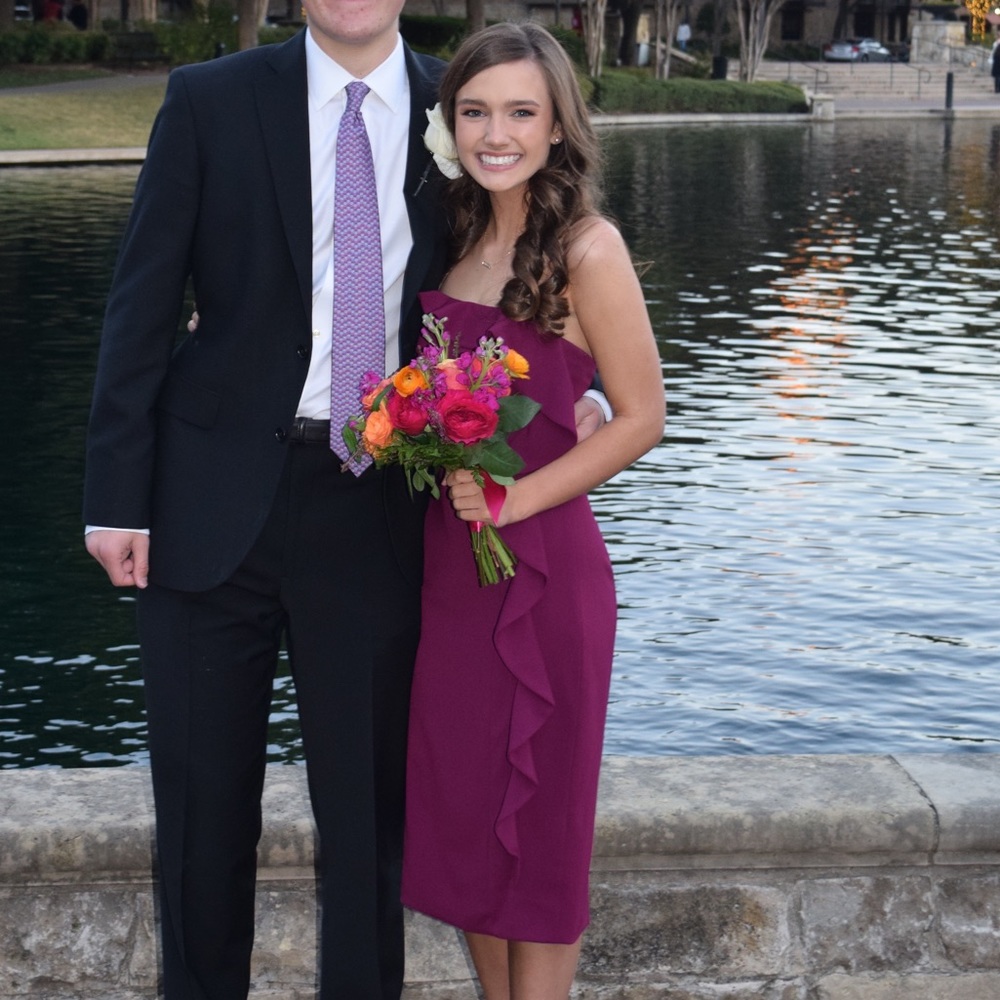 Likely Budgundy/ magenta ruffle midi dress